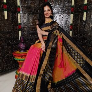 Latest and Exclusive Pure Pochampally Ikkat Silk Saree Pink and Black