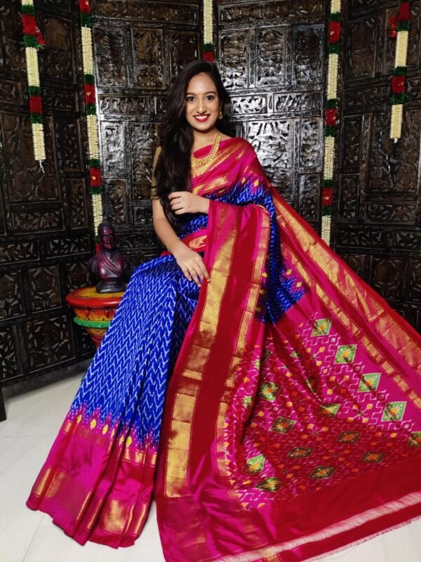 Pochampally-Ikkat-Silk-Saree-Dark-blue-Pink
