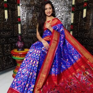 Pochampally-Ikkat-Silk-Saree-blue-and-red