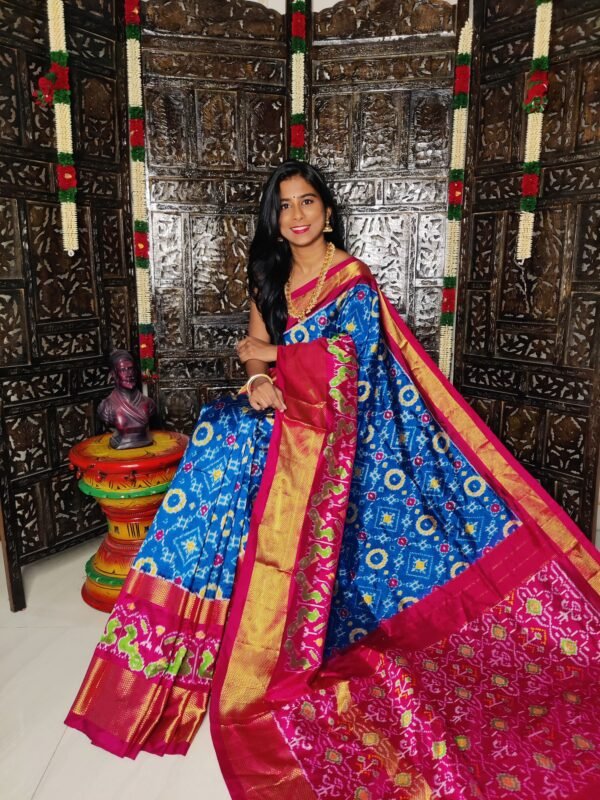 Pochampally-Ikkat-Silk-Saree-blue-and-red-with-zari