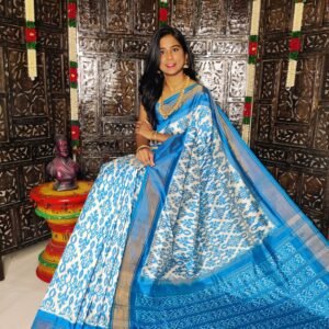 Pochampally-Ikkat-Silk-Saree-cream-and-sky-blue