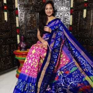 Pochampally Ikkat Silk Saree in Baby Pink and Dark Blue