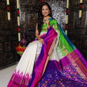 Pochampally Ikkat Silk Saree Cream White Purple