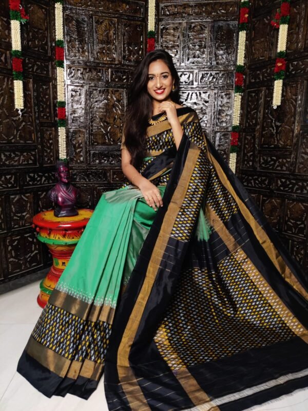Pure Pochampally Ikkat Silk Saree Ice Green and Black