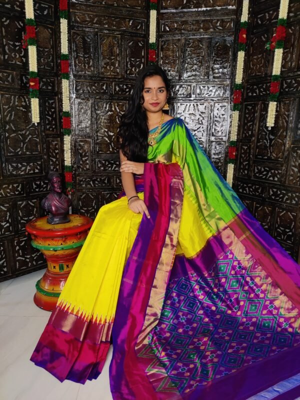 Pochampally Ikkat Silk Saree Lemon Yellow and Pink