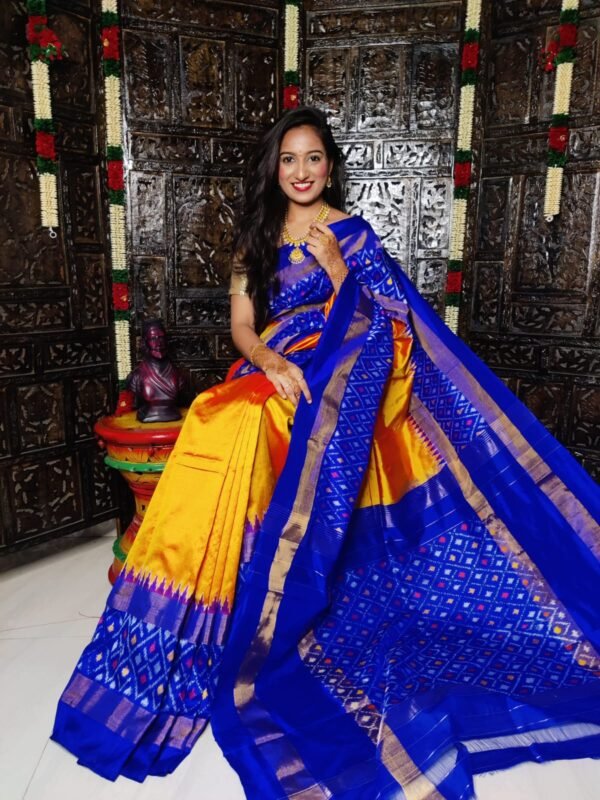Pure Pochampally Ikkat Silk Saree Orange and Blue