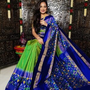 Pure Pochampally Ikkat Silk Saree Parrot Green and Red