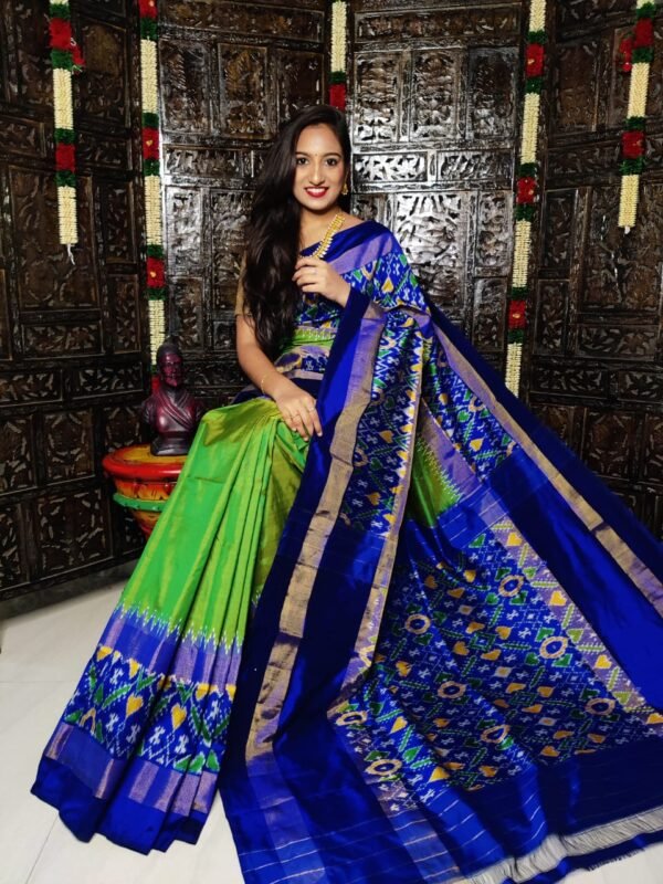 Pure Pochampally Ikkat Silk Saree Parrot Green and Red