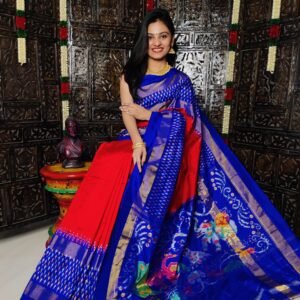 Pochampally Ikkat Silk Saree in Red and Dark Blue