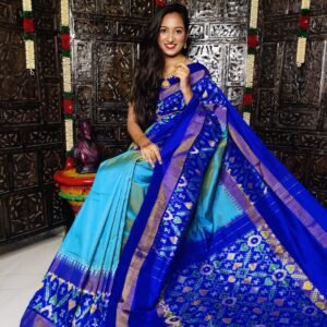 Pure Pochampally Ikkat Silk Saree Sky Blue and Dark Blue