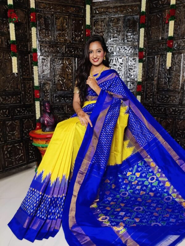 Pure Pochampally Ikkat Silk Saree Yellow and Dark Blue