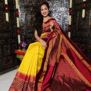 Pure Pochampally Ikkat Silk Saree Yellow and Dark Maroon