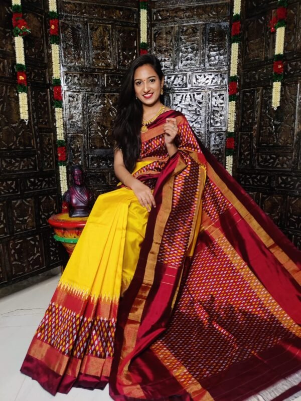 Pure Pochampally Ikkat Silk Saree Yellow and Dark Maroon