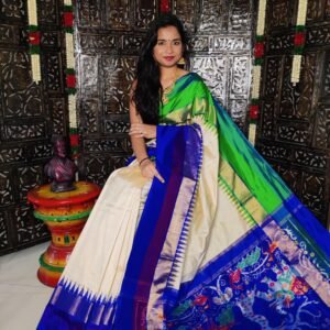 Cream Pochampally Ikat Silk Saree with Blue and Green Borders